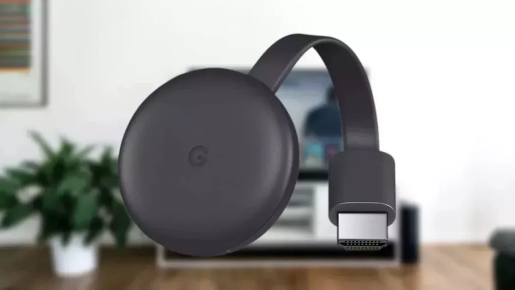 Google Chromecast con fondo difuminado de televisión