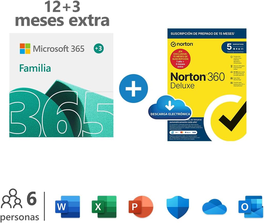 Microsoft 365 Familia | Apps Office 365 | PC/MAC/teléfono | Suscripción anual | 12+3 Meses + NORTON 360 Deluxe | 15 Meses | PC/Mac - Código de activación...